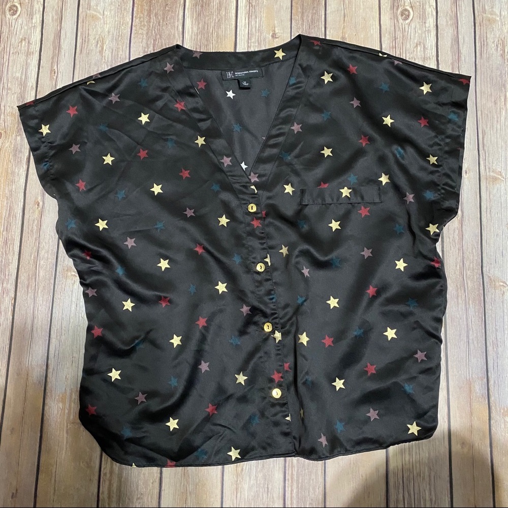 INC Gold Star Button Down Crop Top Black Medium